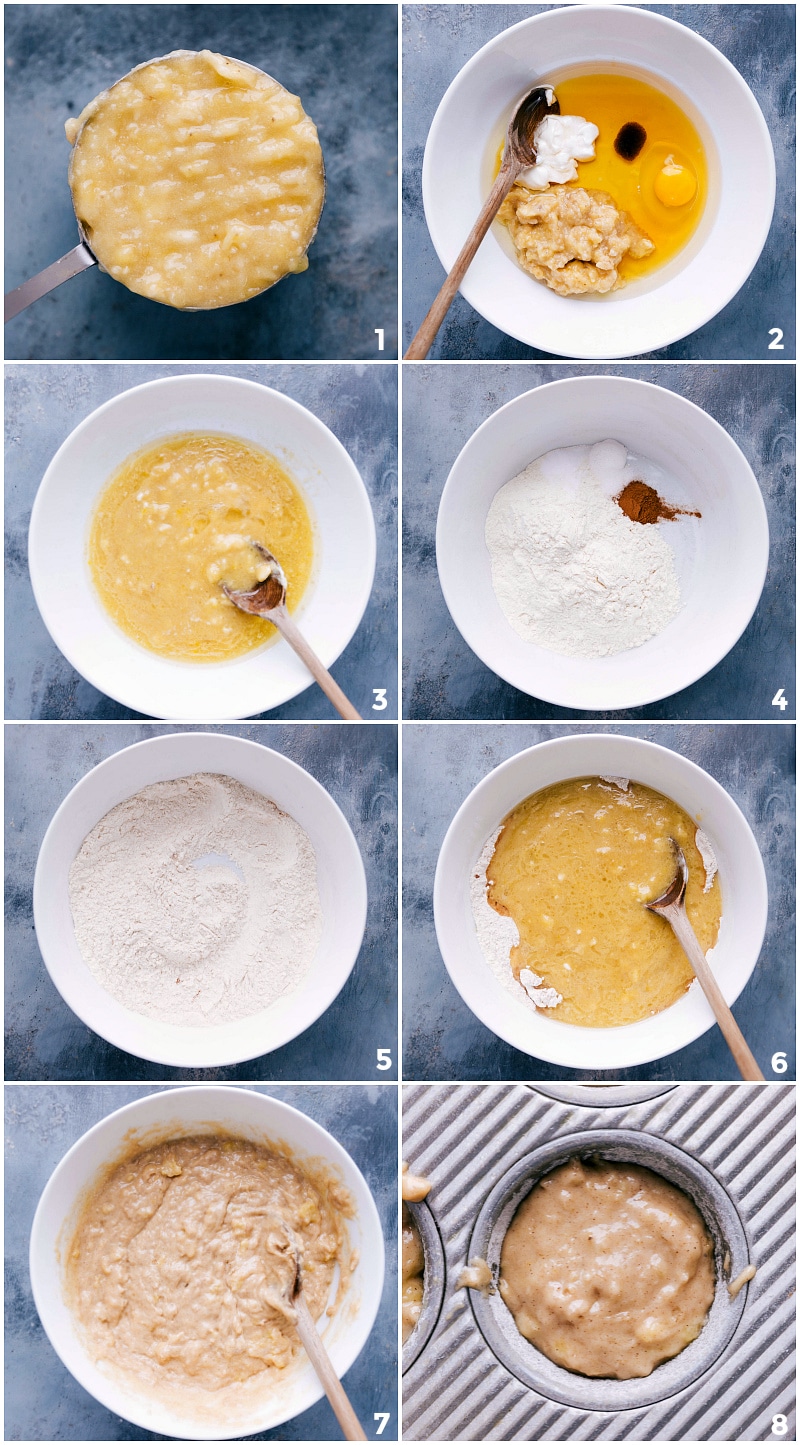 Process shots: mashed bananas; wet ingredients; dry ingredients; everything mixed together.