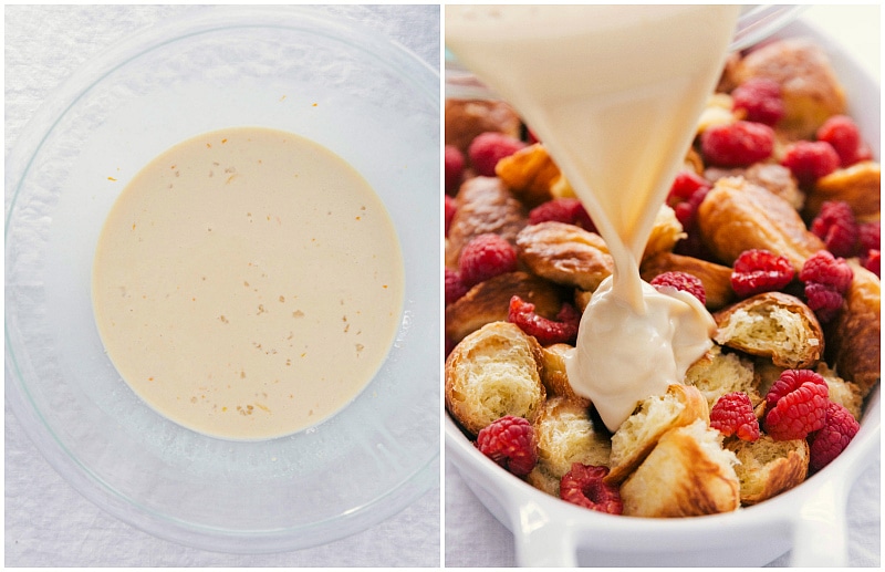 Rich vanilla sauce cascading over other ingredients in a baking dish.