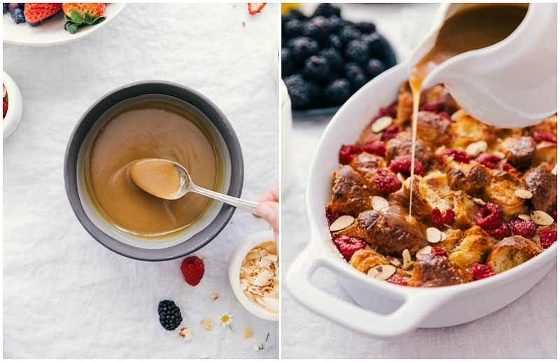 Sweet vanilla sauce drizzling over freshly baked dish.