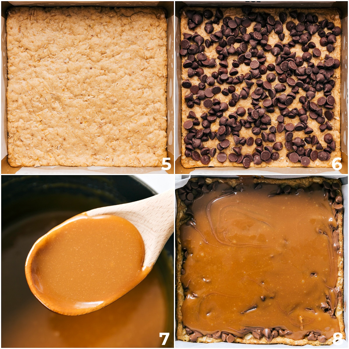 The chocolate chips and caramel being added into the par baked oatmeal base for this carmelita recipe.