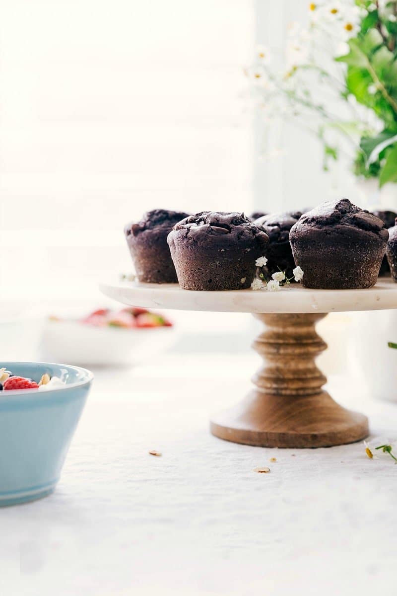 Chocolate Chip Muffins on a pedestal stand.