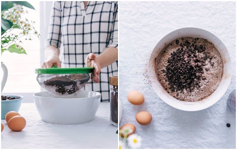 Adding dry ingredients to the wet for chocolate muffins.