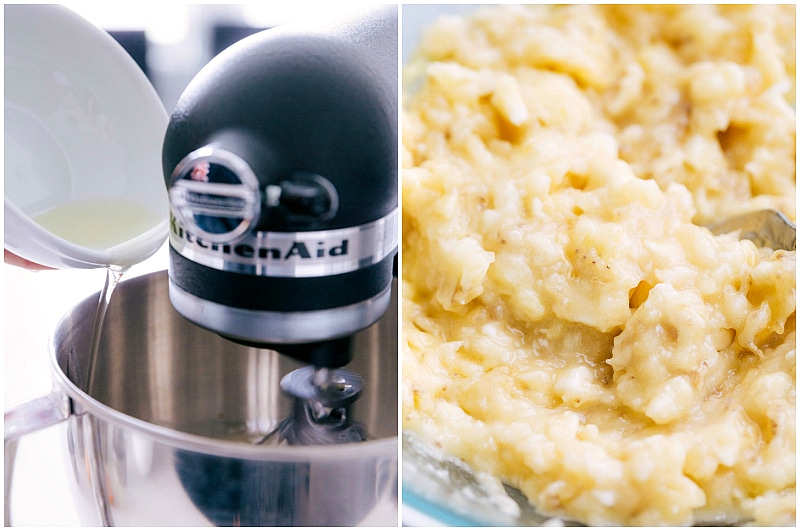 Process shots: adding oil to the banana bread batter.