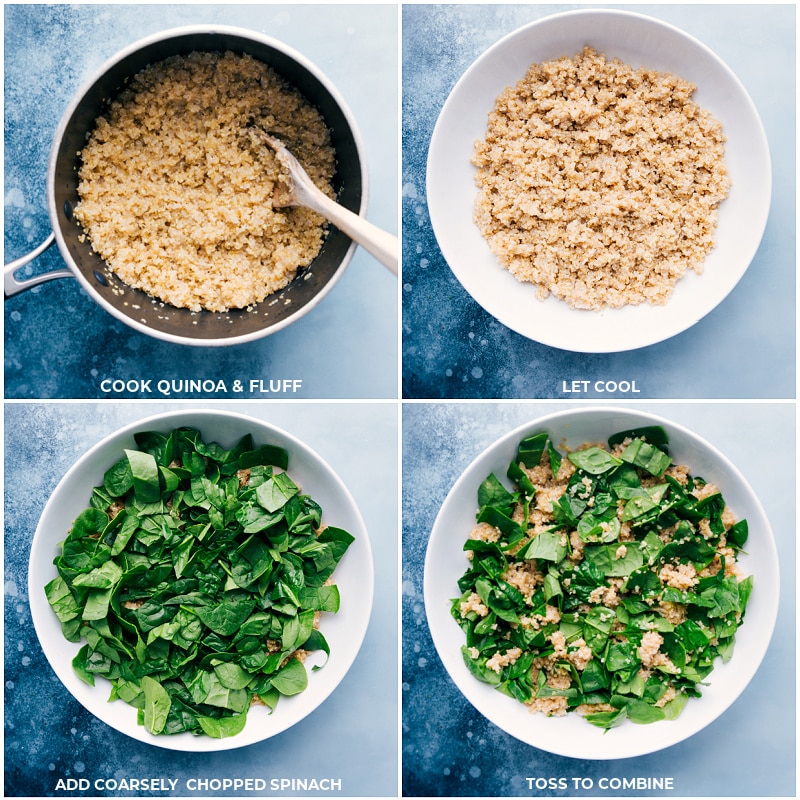 Process shots-- cook and fluff the quinoa; let it cool; add spinach; toss to combine.