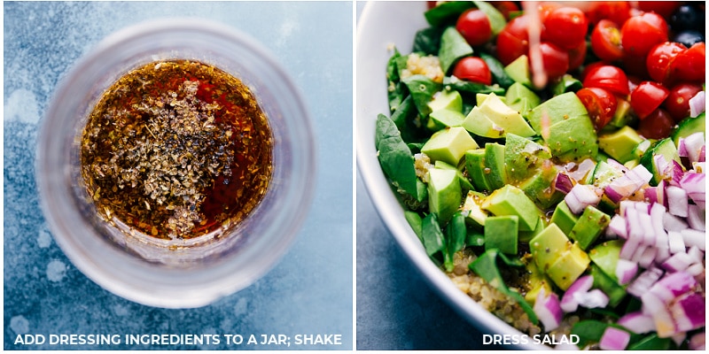 Process shots-- making the dressing; pouring it over the salad.