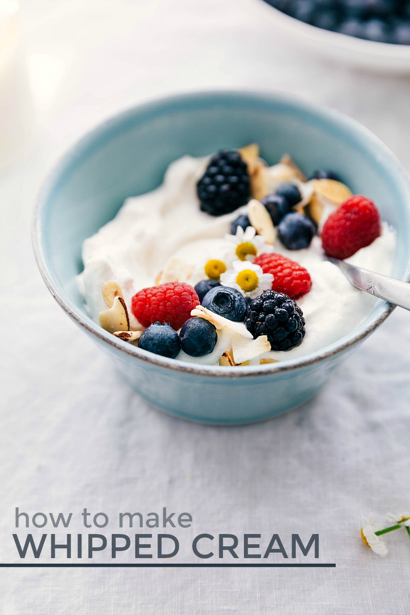 This recipe gives you all the steps, tips, and tricks to make perfect delicious whipped cream every time. Bowl of fruit with whipped cream