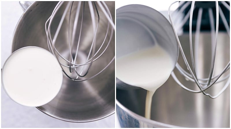 Heavy whipping cream in a mixer.