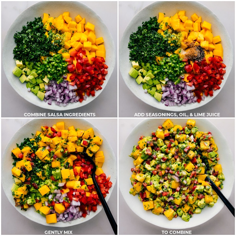 Process shots of Mango Salsa-- images of all the ingredients being combined and mixed together