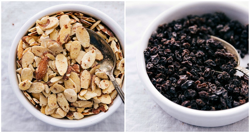 Almonds and currants in bowls
