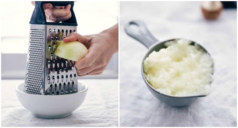 Image of onion being grated for Turkey Meatloaf.