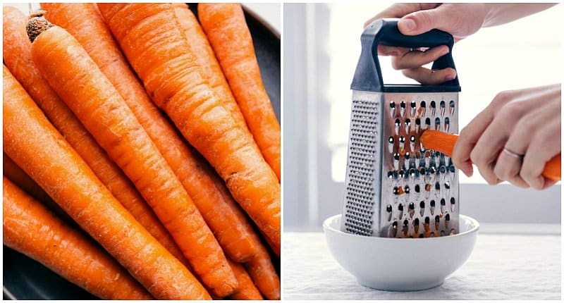 Images of whole carrots and the carrots being grated for this healthy Turkey Meatloaf.