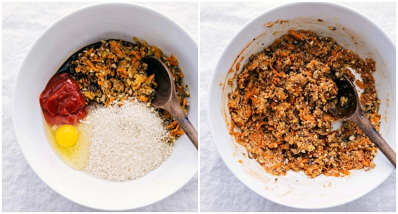 Sautéed vegetables and a mixture of panko, egg, and ketchup being mixed together.