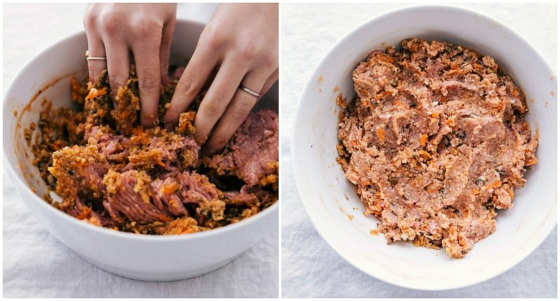 Adding ground turkey to the vegetable mixture used in the recipe for turkey meatloaf.