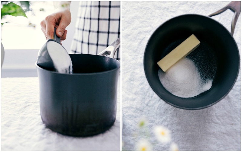 Process shot-- image of the sugar and butter being added to a sauce pan