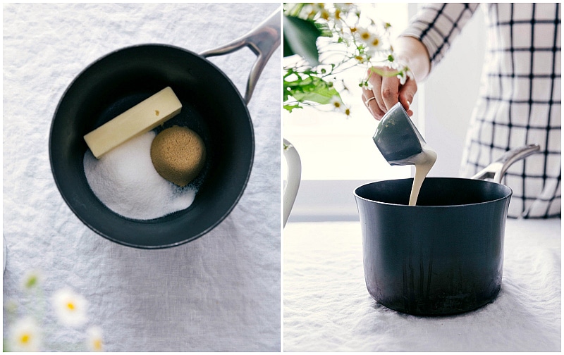 Process shot-- image of the brown sugar and heavy cream being added to the pan