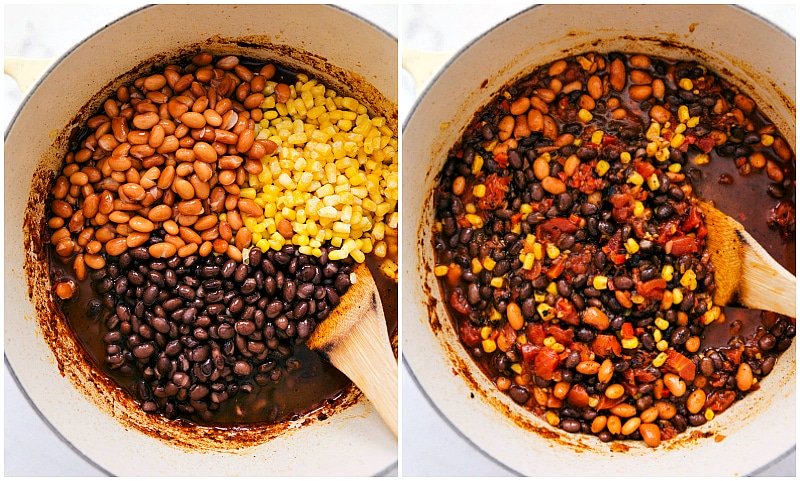 Beans and corn being added to the Vegetarian Chili.