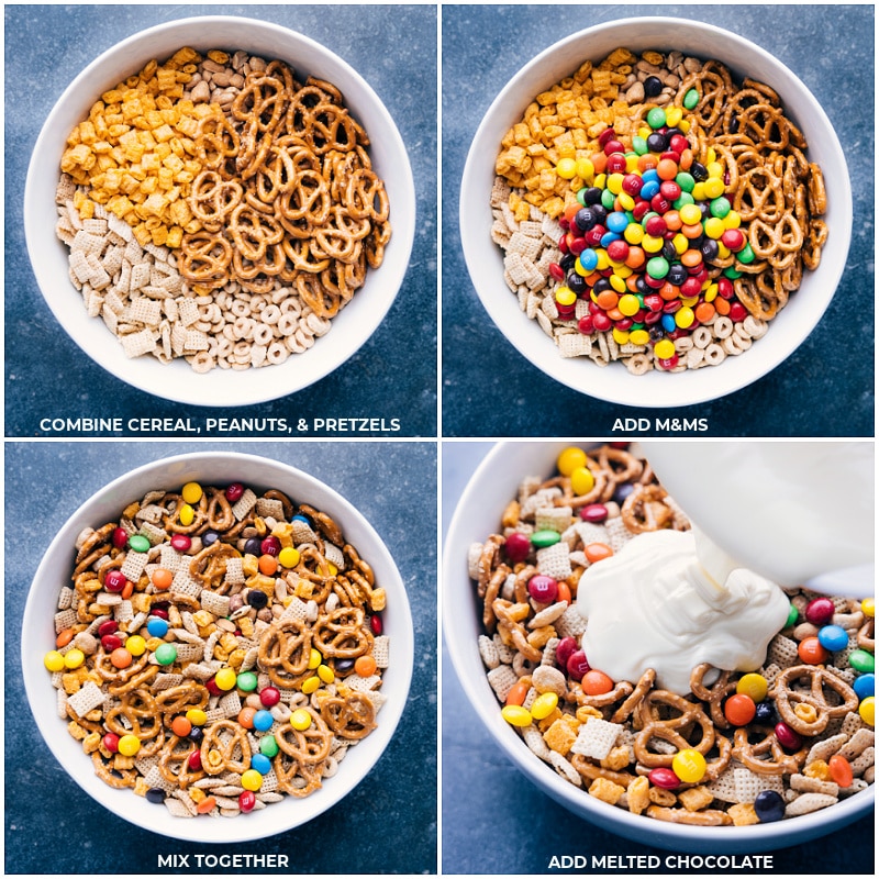 Process shots of white chocolate snack mix-- images of the cereals, peanuts, pretzels, and m&ms being mixed together in a bowl and then white chocolate being drizzled on top