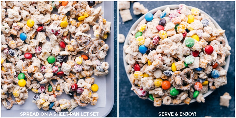 Process shots of white chocolate snack mix-- images of the snack mix being spread on a sheet pan