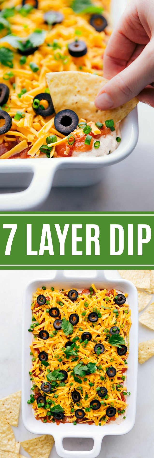 This 7 Layer Bean Dip is the ultimate game-day/party food. It's packed with delicious flavors and is so easy to assemble. via chelseasmessyapron.com #7 #layer #dip #easy #quick #game #day #food #appetizer #dips #party #food #newyearseve #kidfriendly #mexican