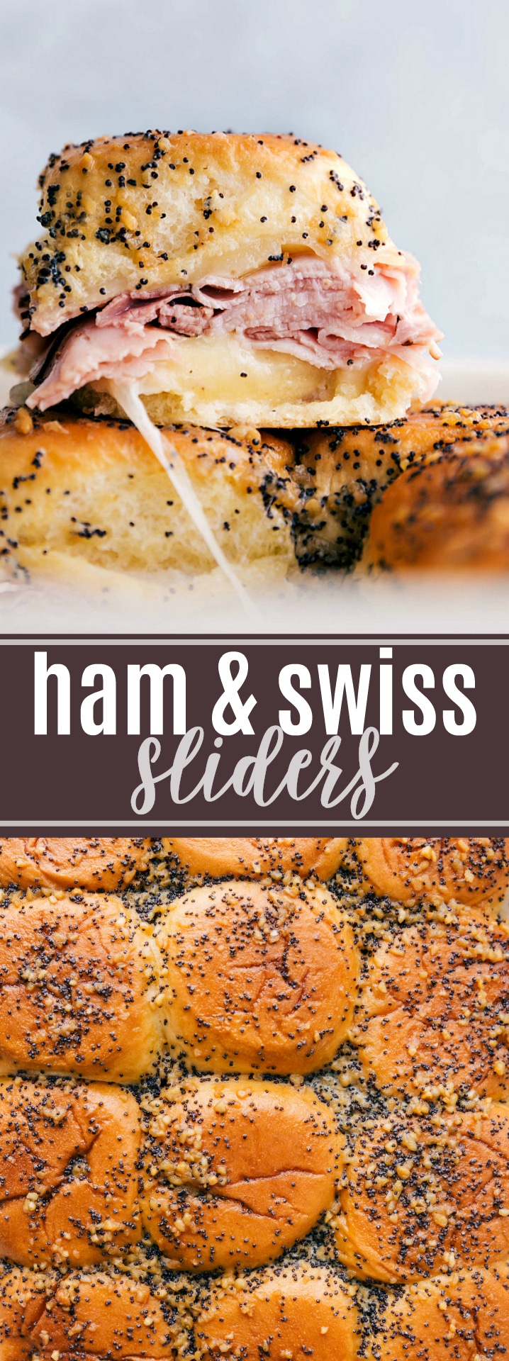 Buttery and delicious party food: ham and cheese sliders with sweet Hawaiian rolls, deli (or leftover holiday) ham, swiss cheese, and a deliciously seasoned buttery topping. via chelseasmessyapron.com #ham #swiss #slider #sliders #game #day #food #gameday #football #appetizer #app #sandwich #quick #easy #poppyseed