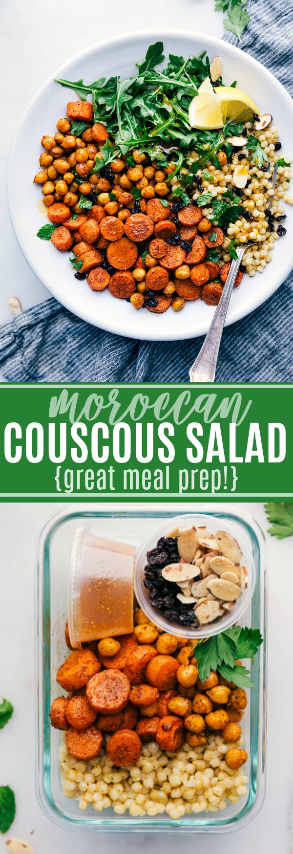 This Moroccan Carrot Salad is packed with flavor and healthy ingredients. From the roasted seasoned carrots and chickpeas to the garlicky couscous and citrus dressing, every bite is a treat! via chelseasmessyapron.com #meal #prep #recipe #recipes #easy #quick #healthy #kid #friendly #carrot #moroccan #morocco #salad #couscous #chickpea #mealprep #almond