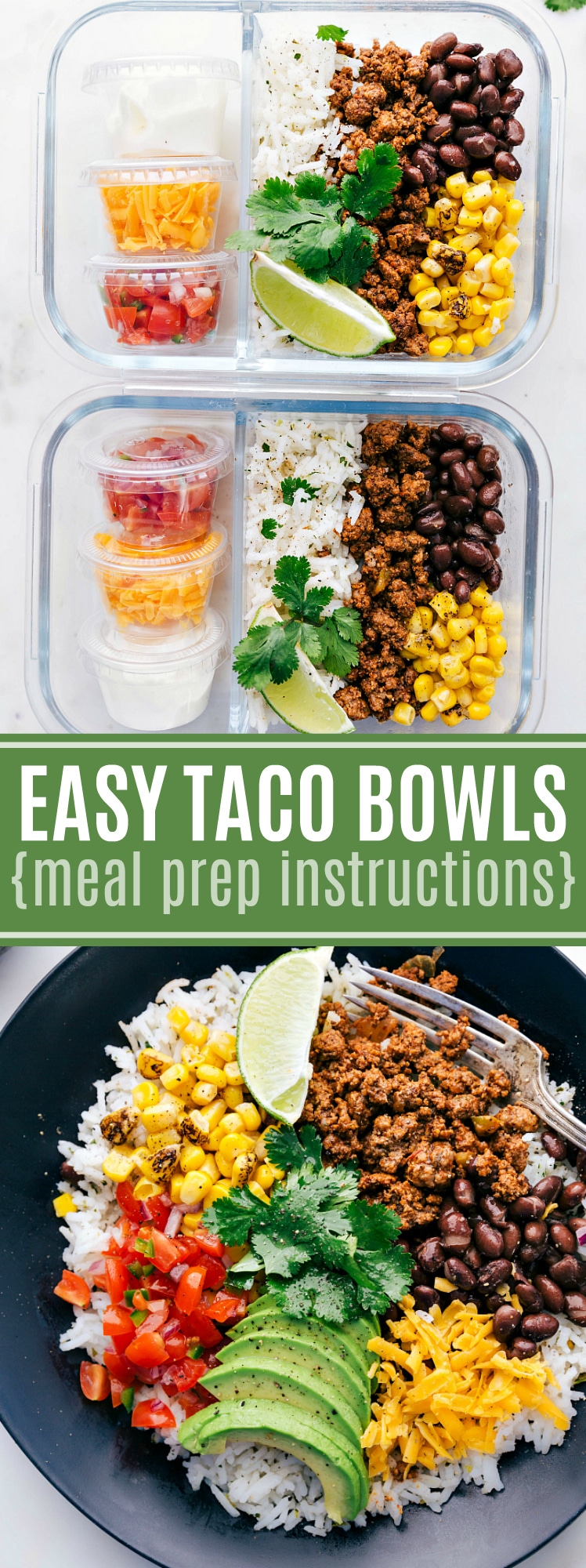 An easy to make taco bowl recipe! This meal is filling, packed with good ingredients, and is a great make ahead weekly meal prep option. via chelseasmessyapron.com #taco #bowl #easy #quick #meal #prep #dinner #salad #fast #toppings #weekly #recipe