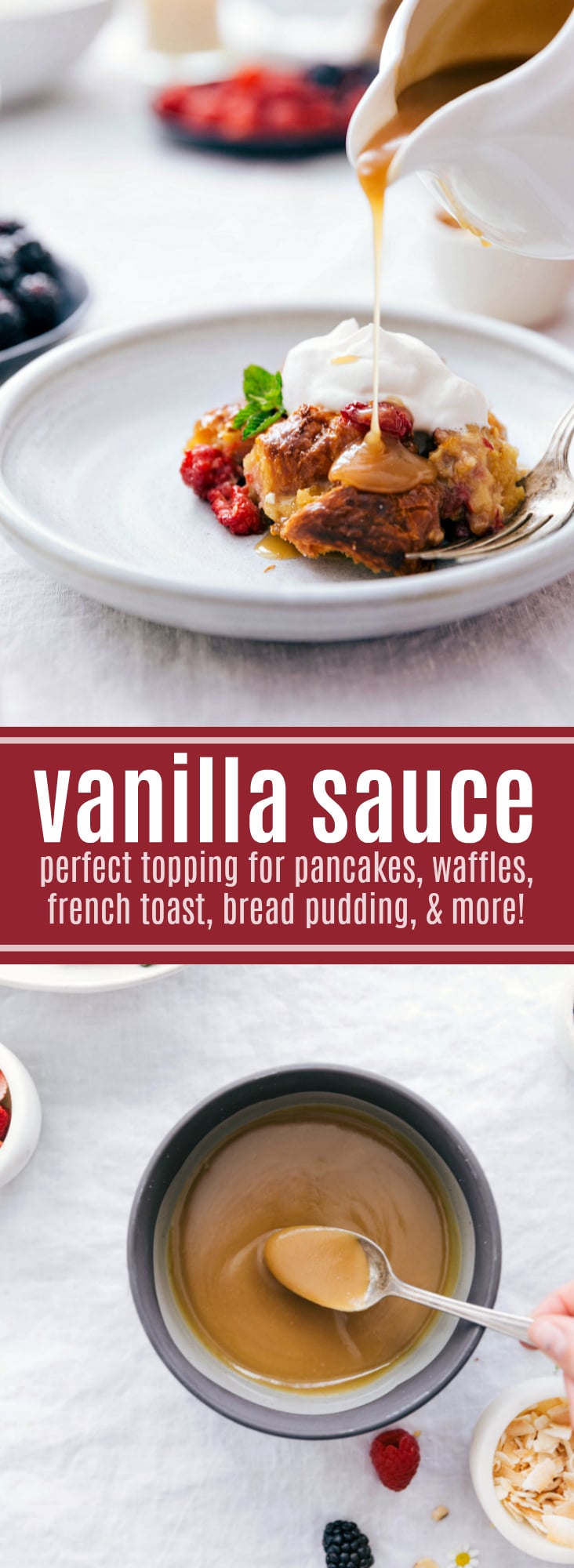 This simple stovetop vanilla sauce requires only 5 ingredients and less than 10 minutes prep time! Perfect for bread pudding, french toast, pancakes, etc.! via chelseasmessyapron.com #breakfast #brunch #vanilla #sauce #syrup #easy #quick #recipe #sweet #dessert