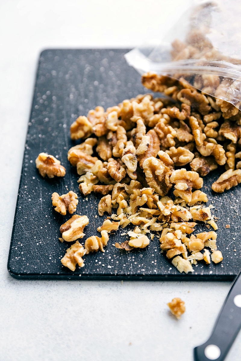 Walnuts being chopped for Banana Crepes.