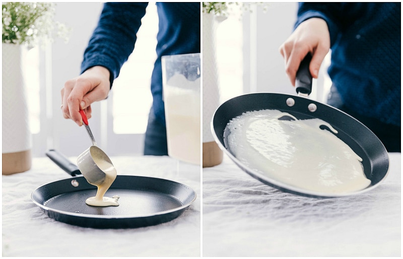 Pour the crepe batter into a pan and quickly tilt and swirl so the batter coats the bottom of the pan.