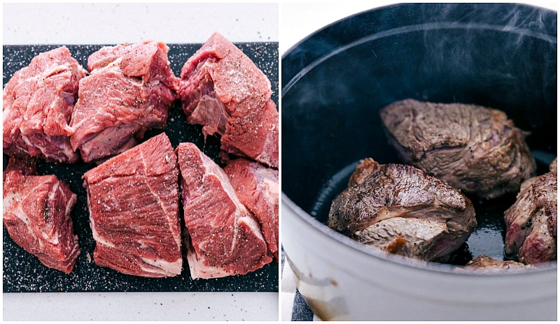 Overhead image of the meat being seared for Beef Ragu.