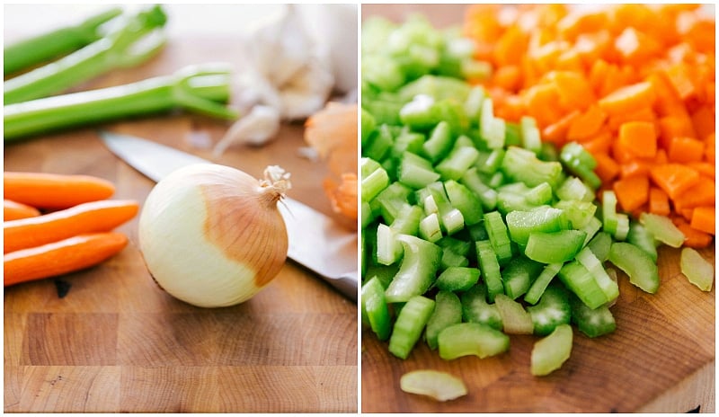 Image of an onion and other veggies used in this Beef Ragu slow cooker recipe.