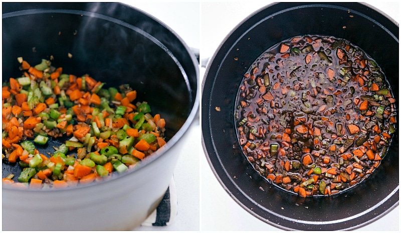 Overhead image of the veggies being sautéed and the beef broth being added for this Beef Ragu with pappardelle.