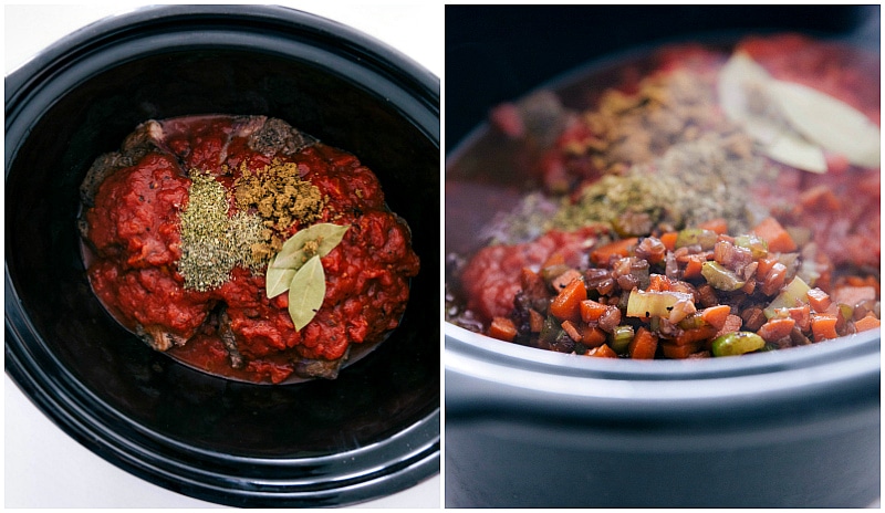 Overhead image of the seasonings and vegetables being added to the slow cooker.