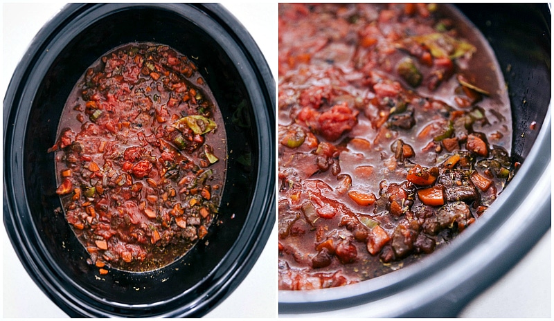 Overhead image of all the ingredients added to the slow cooker for Beef Ragu.