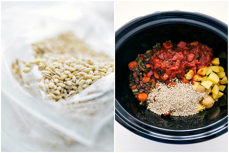 Picture of barley being added to the slow cooker.