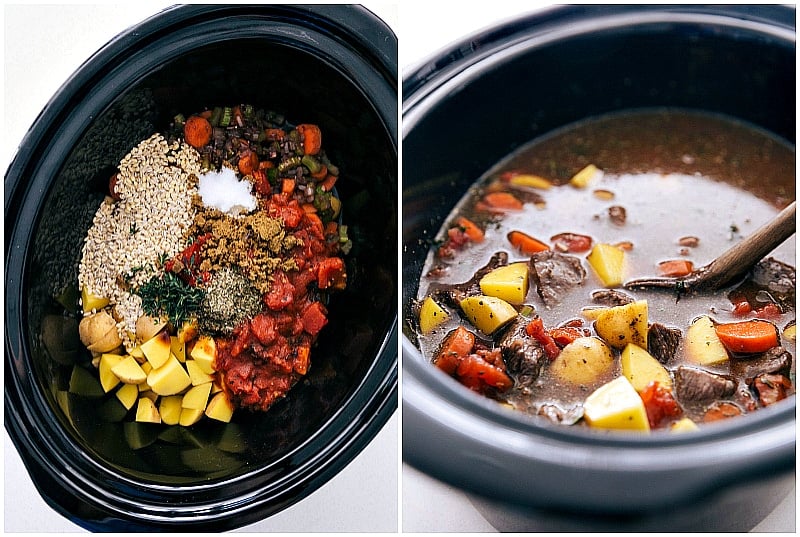 Process shots for this easy beef and barley soup -- adding all the ingredients to the crockpot