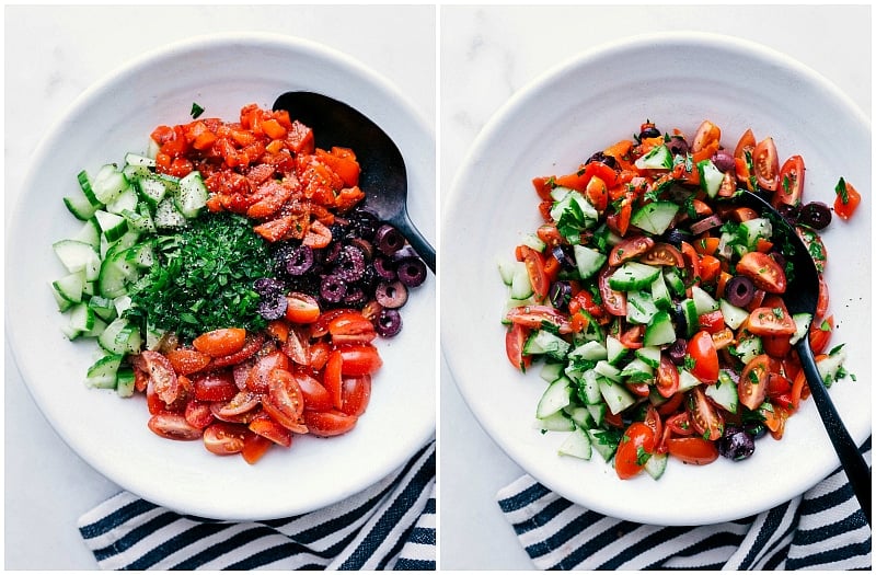 Colorful topping of diced tomatoes, cucumber, olives, roasted red peppers, and fresh parsley to top the potatoes.