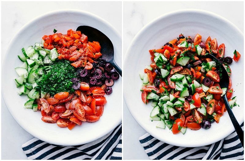 Image of the topping that goes on top of these potatoes, including tomatoes, cucumber, olives, roasted red peppers, and fresh parsley.