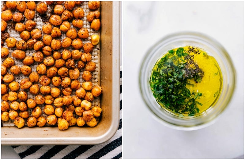 Crispy roasted chickpeas and zesty lemon dressing, waiting to be added to the meal.