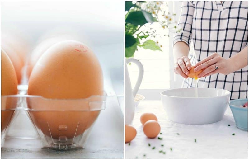 Fresh eggs in carton and cracking one into a bowl.