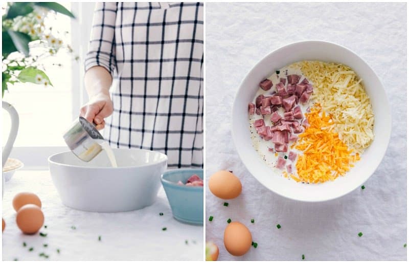 Pouring milk into bowl of ingredients for the ham and cheese quiche recipe.