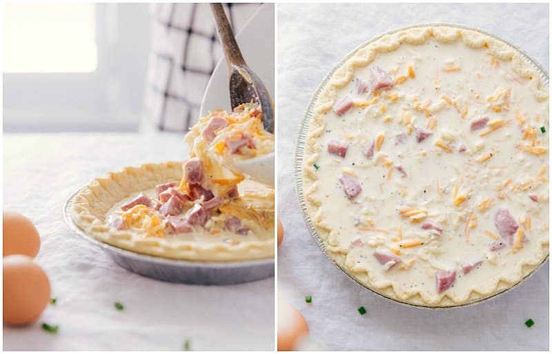 Pouring ingredients into the crust.