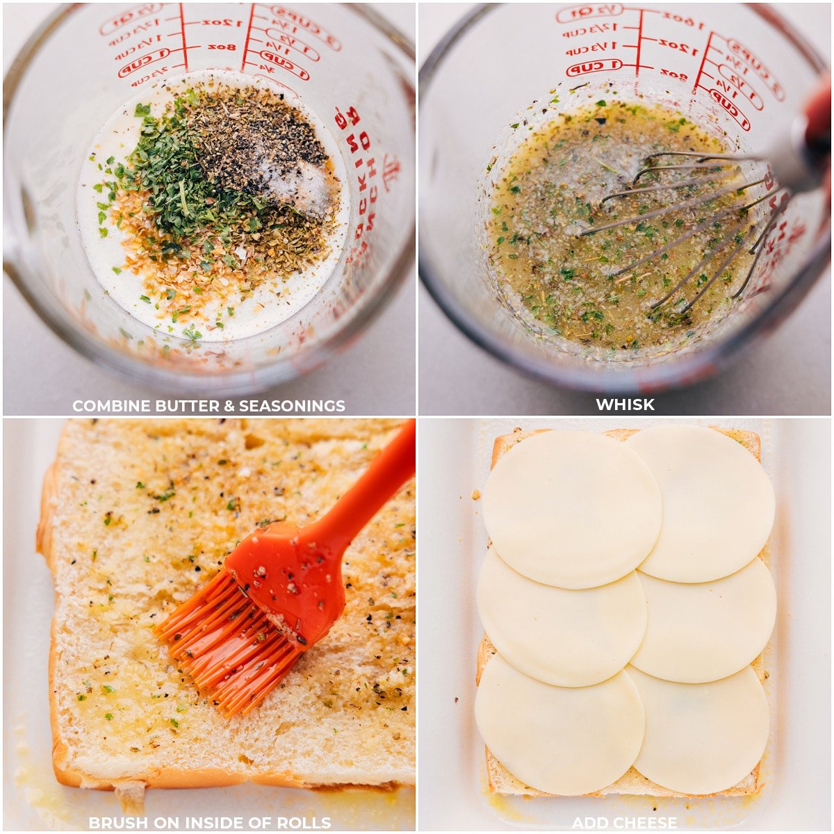 Butter and seasonings being whisked together than it being brushed over the rolls and cheese being layered on top for these Italian beef sliders.