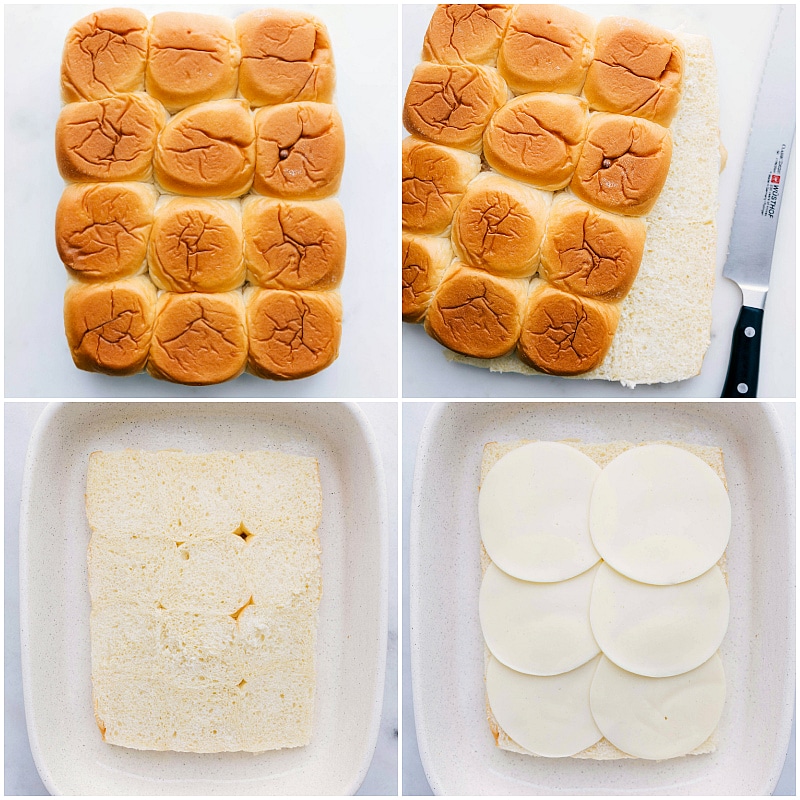 Overhead image of the Hawaiian rolls being prepped; cheese being added for these Italian Beef Sliders.