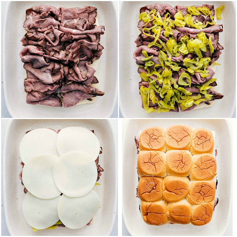 Overhead image of Italian Beef Sliders being assembled.