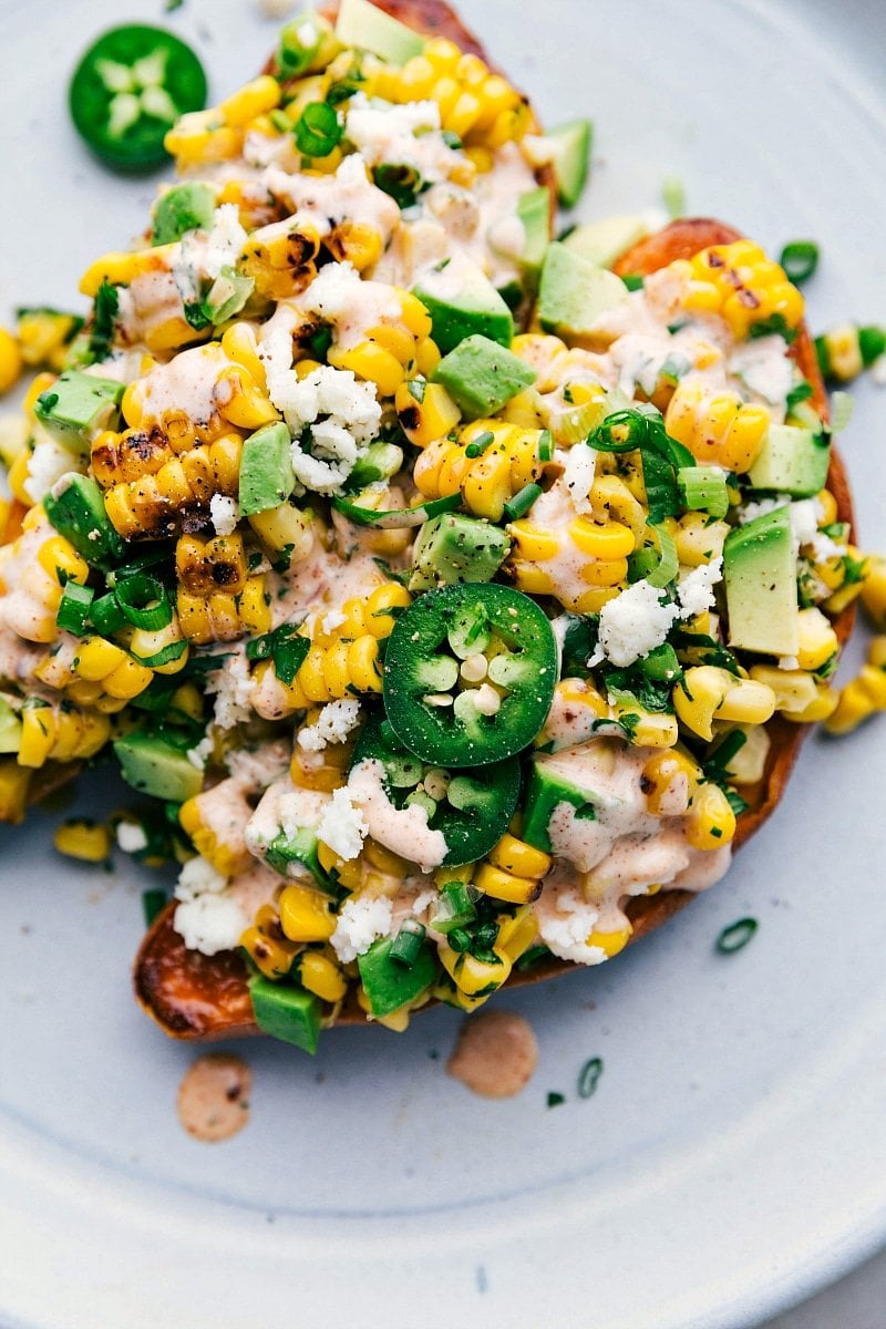 Overhead image of these ready-to-eat Loaded Sweet Potatoes.