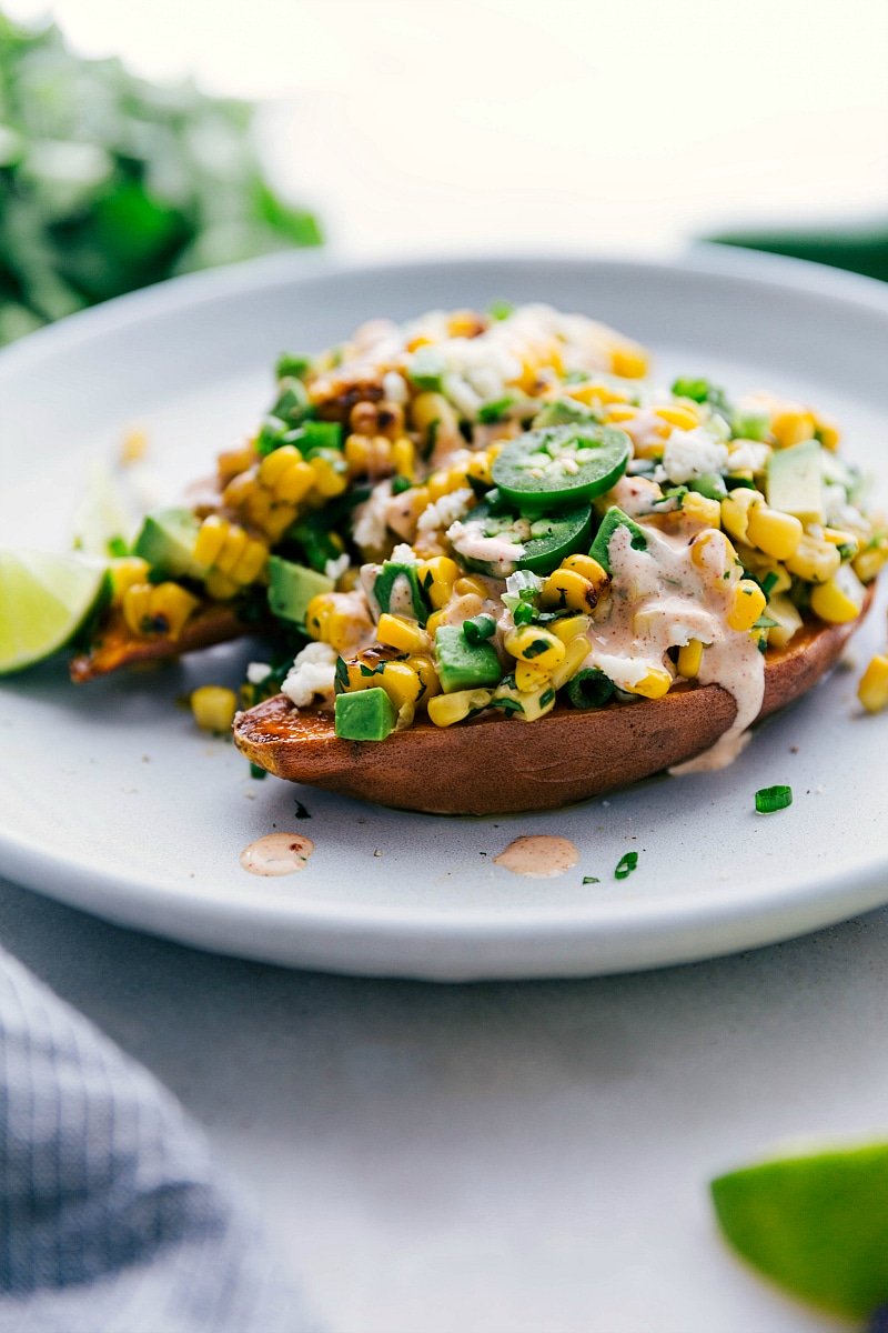 Loaded Sweet Potato with Mexican Street Corn topping.