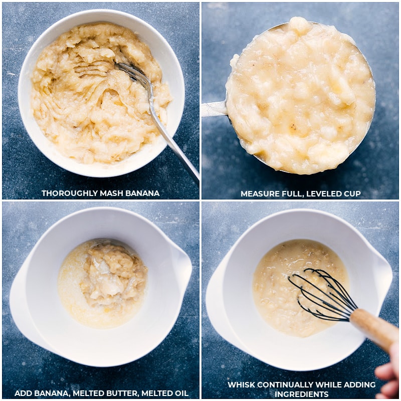 Process shots-- images of the banana being prepped and added to a bowl with melted butter and oil