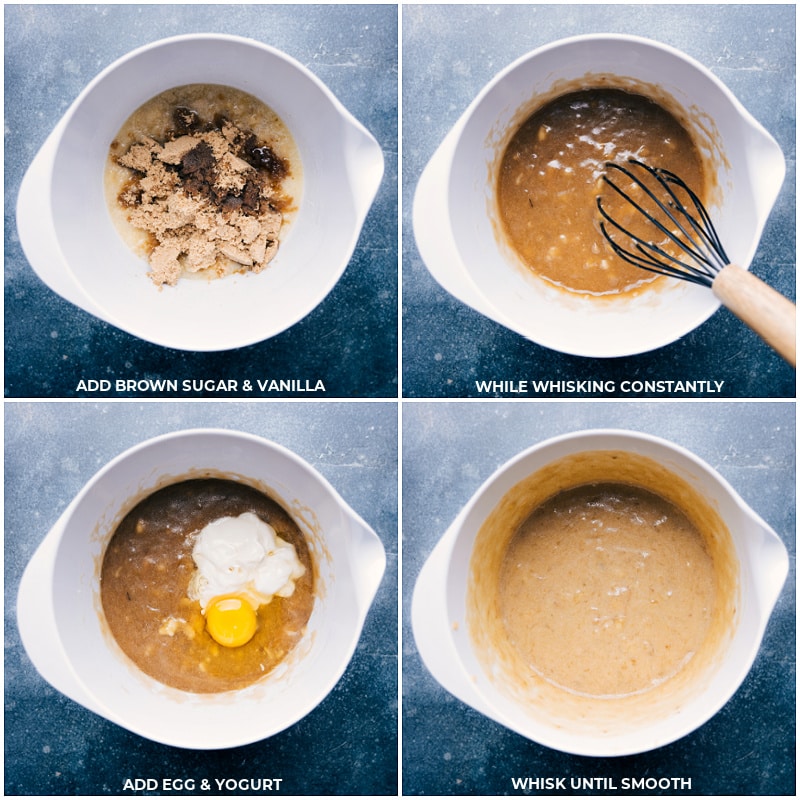 Process shots of Nutella banana bread-- images of the brown sugar, vanilla, egg, and yogurt being whisked together