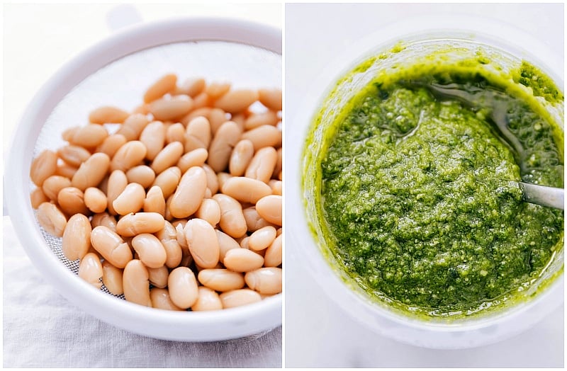 Process shot of dinner creation -- draining white beans and stirring the pesto.